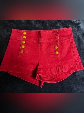 Forever 21 Red Sailor-Style High-Waist Jean Shorts with Gold Buttons
